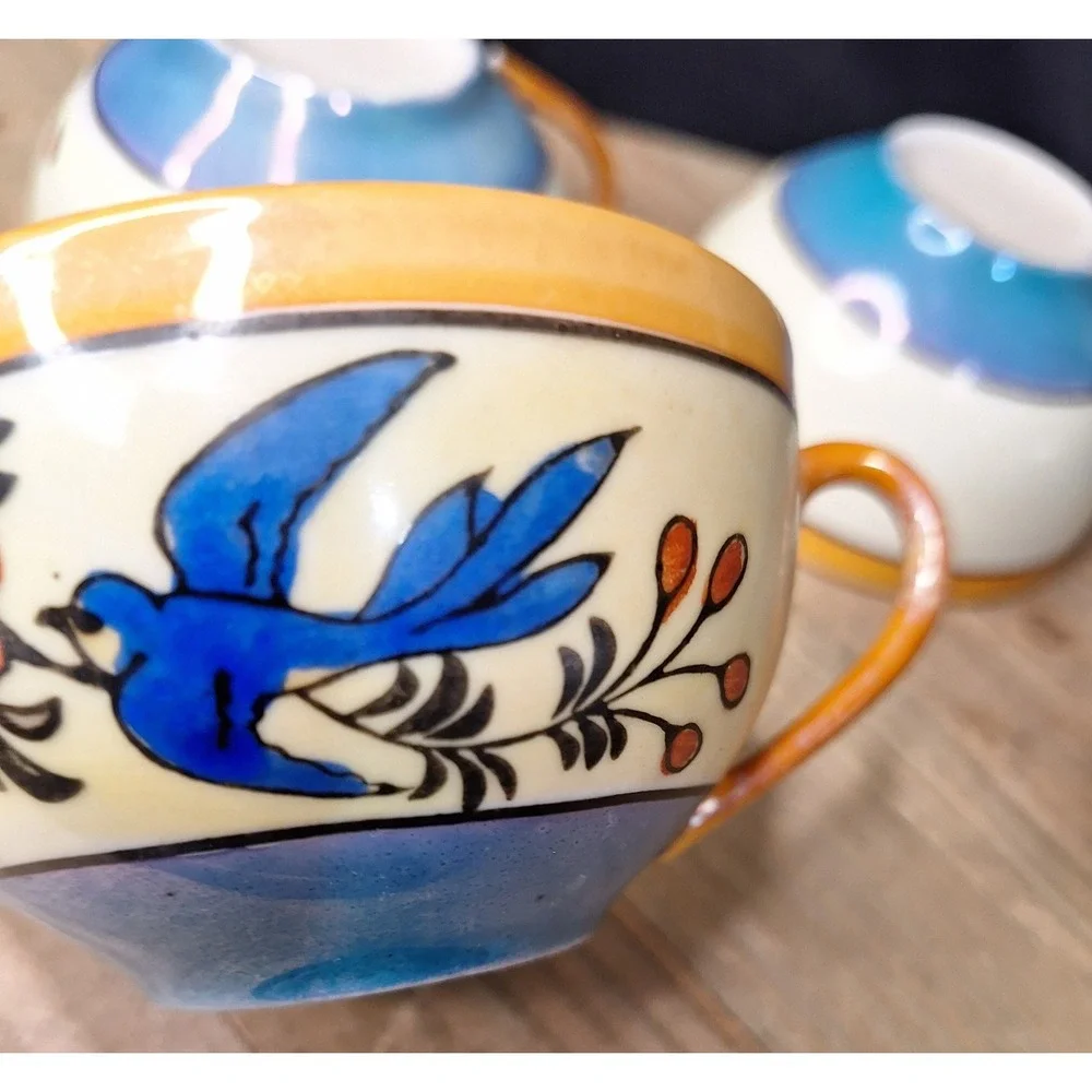 Vintage Japanese Lusterware Teacups Set of‎ 3 Blue Bird Floral Porcelain Japan